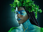 Nature crown, black woman and beauty of face with makeup on dark background with tropical leaf. Fairy model person or Queen with plants, ecology and sustainability for freedom art with natural wreath