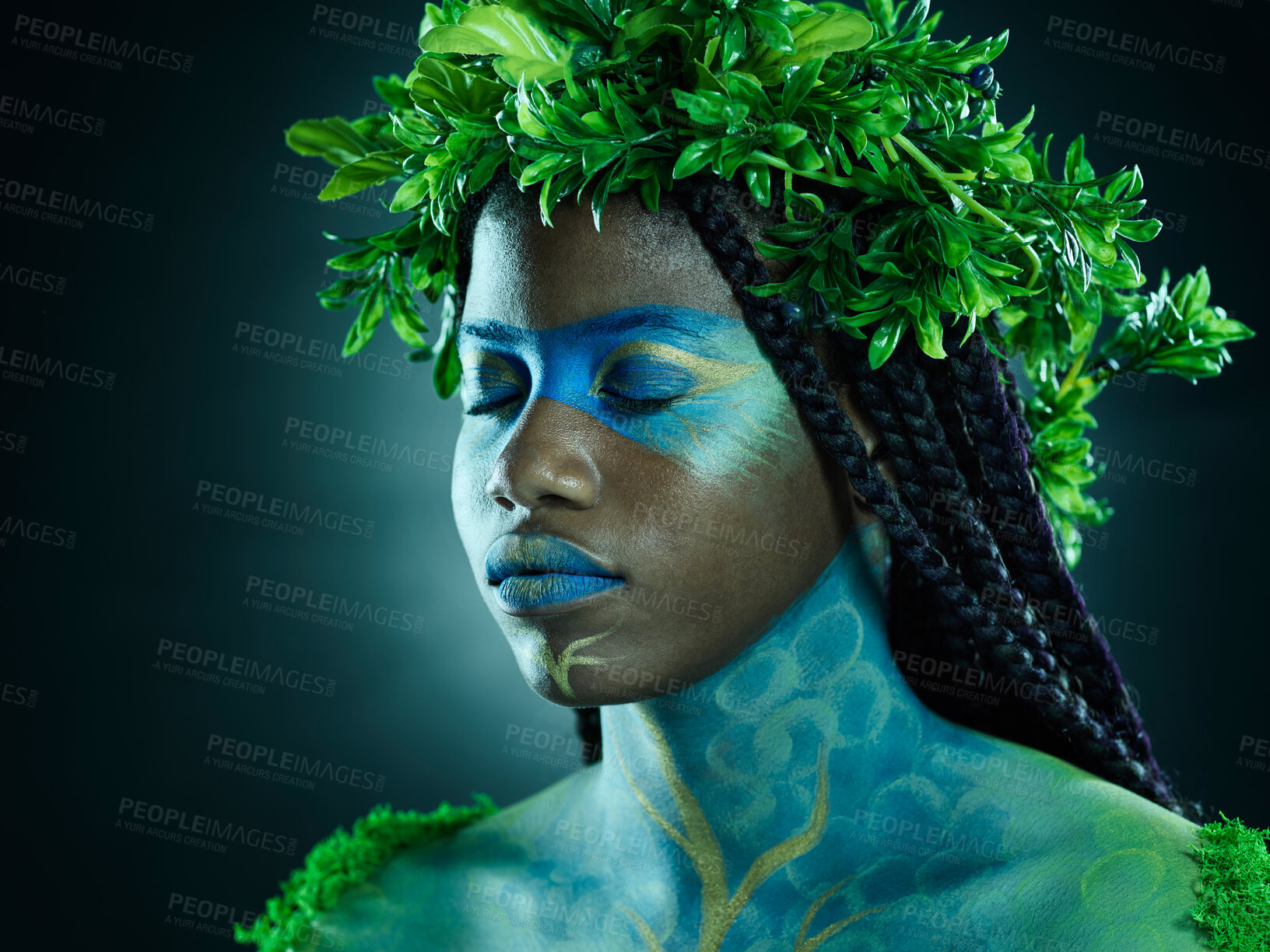 Buy stock photo Nature crown, black woman and beauty of face with makeup on dark background with tropical leaf. Fairy model person or Queen with plants, ecology and sustainability for freedom art with natural wreath