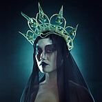 Halloween, costume makeup portrait and grunge Korean cosmetics with grunge royalty aesthetic. Cosplay, goth fashion and Asian woman model with creative cosmetics and crown for dress up in studio