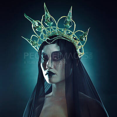 Buy stock photo Halloween, costume makeup portrait and grunge Korean cosmetics with grunge royalty aesthetic. Cosplay, goth fashion and Asian woman model with creative cosmetics and crown for dress up in studio