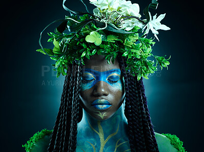 Buy stock photo Black woman, plant crown and beauty of face with makeup on dark background with tropical leafs. Fairy model person or Queen of nature, ecology and sustainability for freedom art with natural wreath