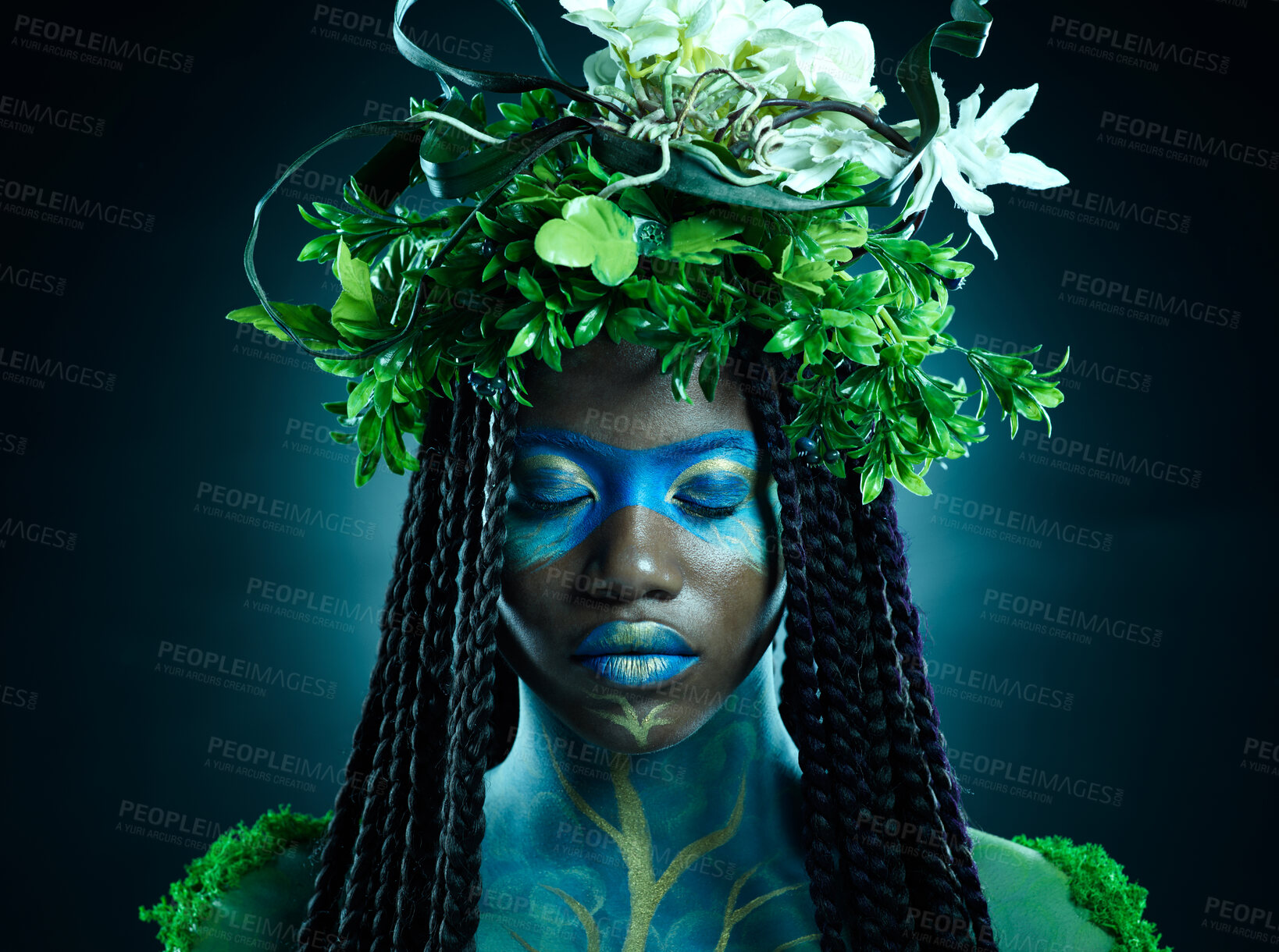 Buy stock photo Black woman, plant crown and beauty of face with makeup on dark background with tropical leafs. Fairy model person or Queen of nature, ecology and sustainability for freedom art with natural wreath