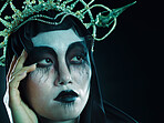 Halloween, grunge beauty face and fantasy cosmetics with dark royalty and ghost aesthetic. Cosplay, goth fashion and Asian woman model with creative cosmetics and crown for dress up in studio mockup