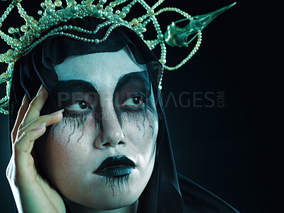 Buy stock photo Halloween, grunge beauty face and fantasy cosmetics with dark royalty and ghost aesthetic. Cosplay, goth fashion and Asian woman model with creative cosmetics and crown for dress up in studio mockup