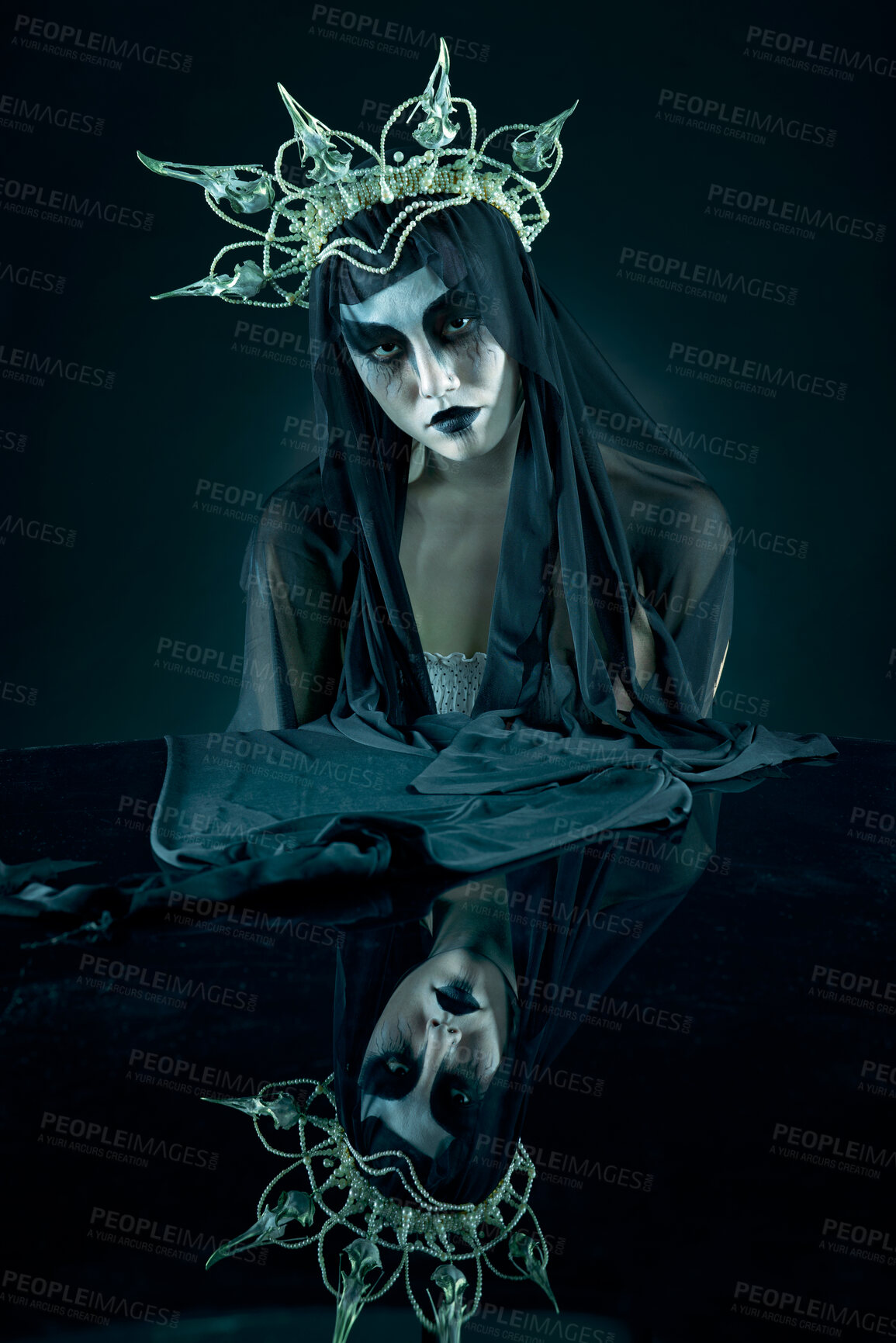 Buy stock photo Evil, dark and fantasy with portrait of queen for makeup, fashion and horror art with reflection. Creative, fear and fabric veil with mystery woman and crown for spooky, elegant and nightmare