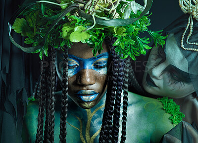 Buy stock photo Plant, crown and fantasy with black woman and queen for evil, halloween and dark magic. Fashion, aesthetic and horror with women and creative art for beauty, danger or makeup with studio background