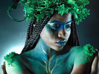 Buy stock photo Beauty, black woman and plant crown with face makeup on dark background with tropical leaf. Fairy model person or Queen of nature, ecology and sustainability for freedom art with natural wreath