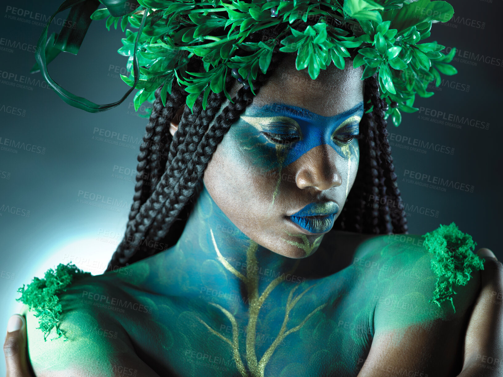 Buy stock photo Beauty, black woman and plant crown with face makeup on dark background with tropical leaf. Fairy model person or Queen of nature, ecology and sustainability for freedom art with natural wreath