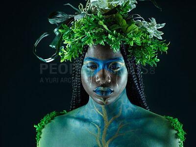 Buy stock photo Plant crown, black woman and beauty of face with makeup on dark background with tropical leaf. Fairy model person or Queen of nature, ecology and sustainability for freedom art with natural wreath