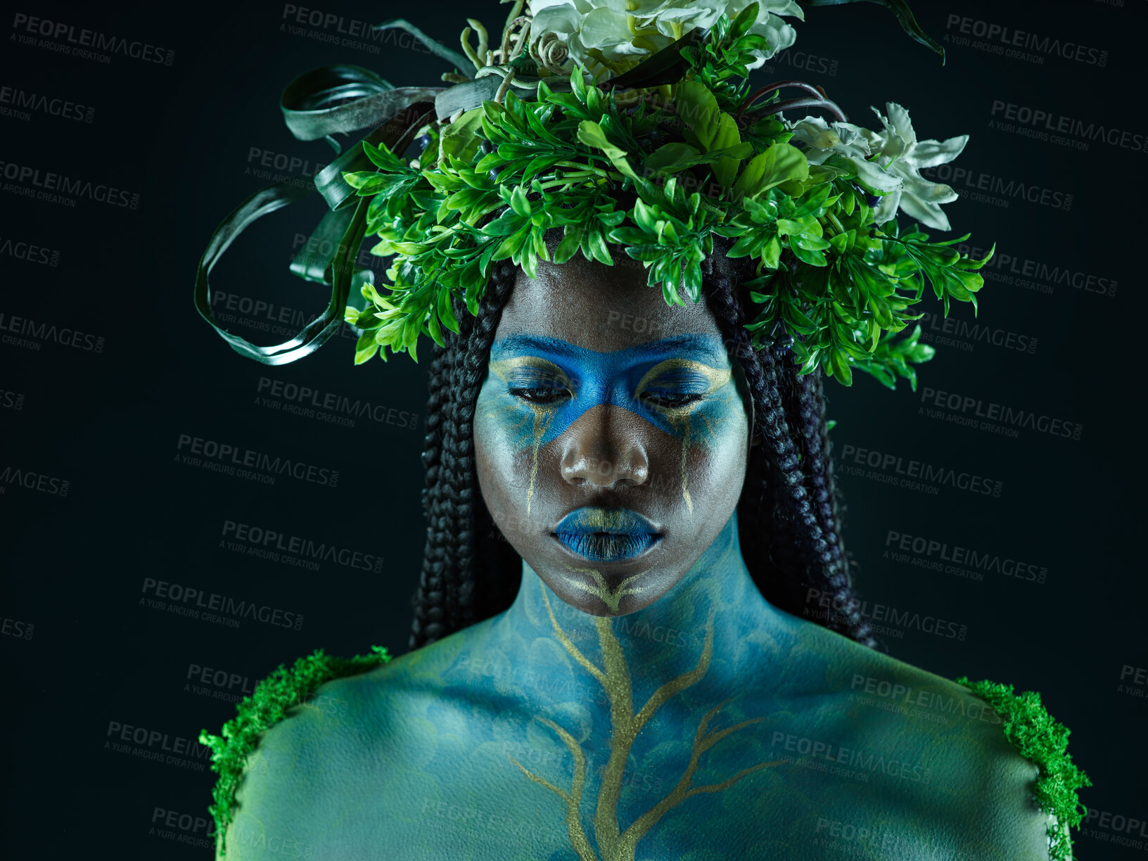 Buy stock photo Plant crown, black woman and beauty of face with makeup on dark background with tropical leaf. Fairy model person or Queen of nature, ecology and sustainability for freedom art with natural wreath