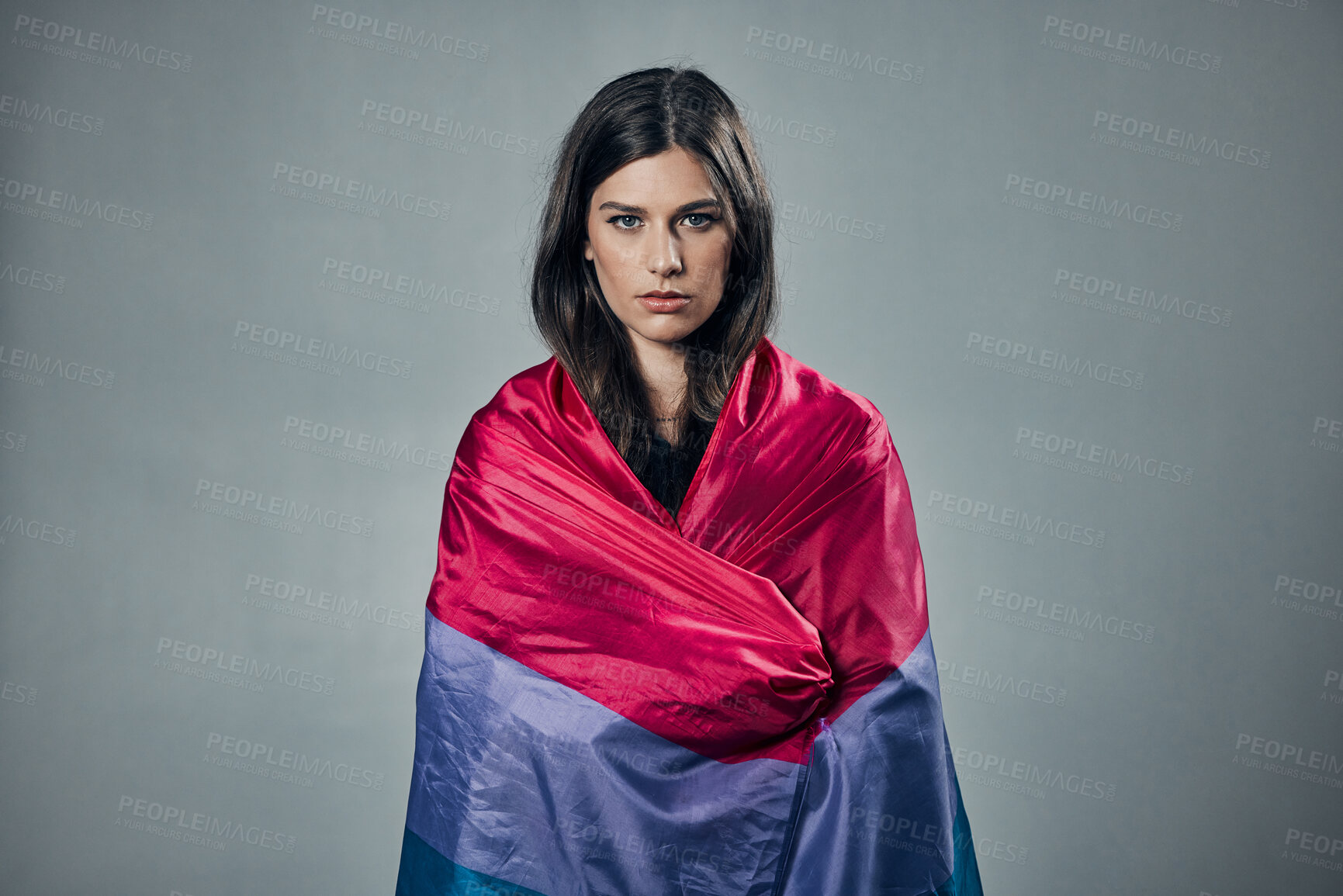 Buy stock photo Bisexual flag, pride and woman in portrait, lgbtq and freedom to love, inclusion and equality, protest for human rights. Gay, trans and lesbian identity, politics and community on studio background