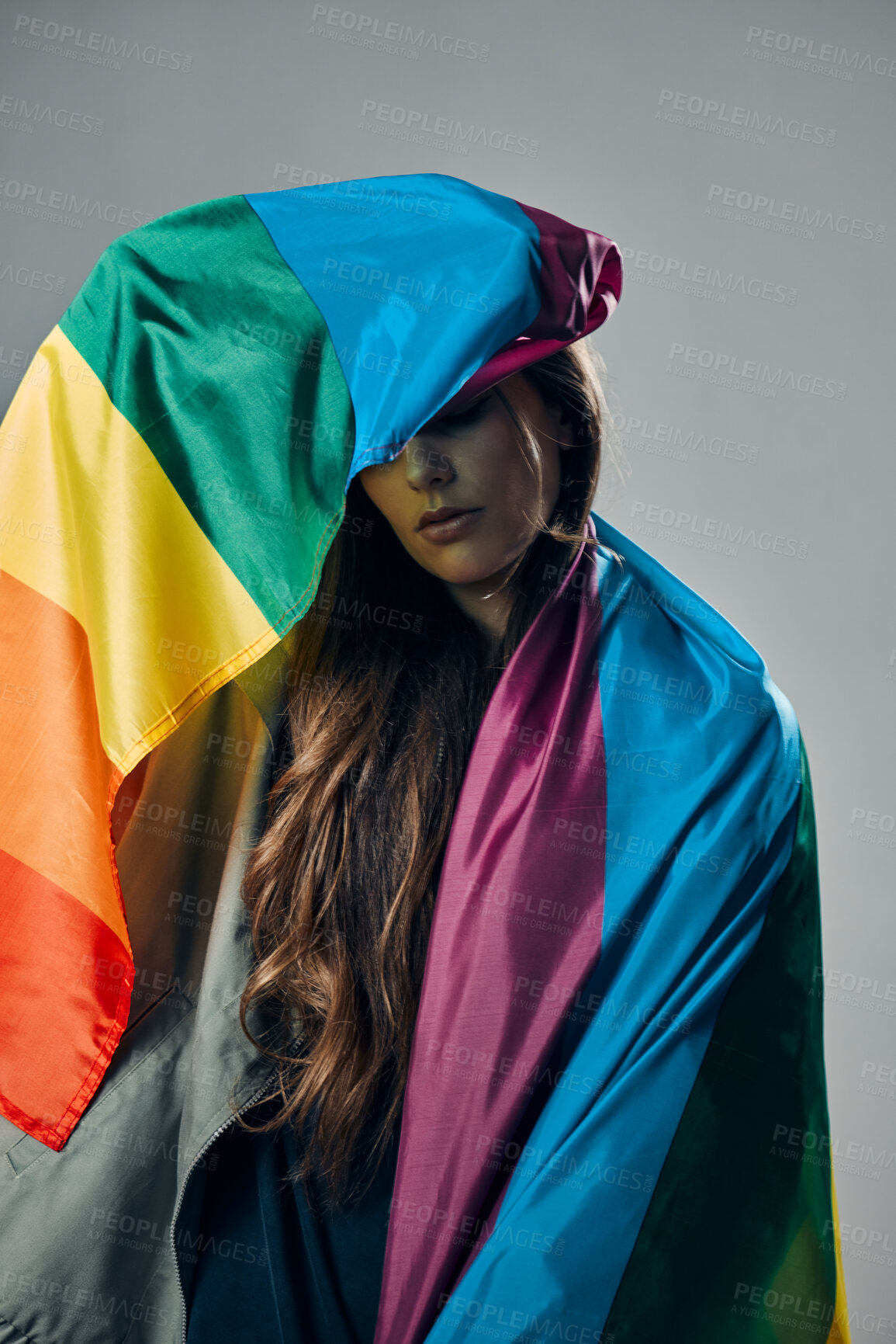 Buy stock photo Rainbow flag, pride and woman, lgbtq and freedom to love, inclusion and equality, protest for human rights. Gay, trans and lesbian, politics and identity with community isolated on studio background