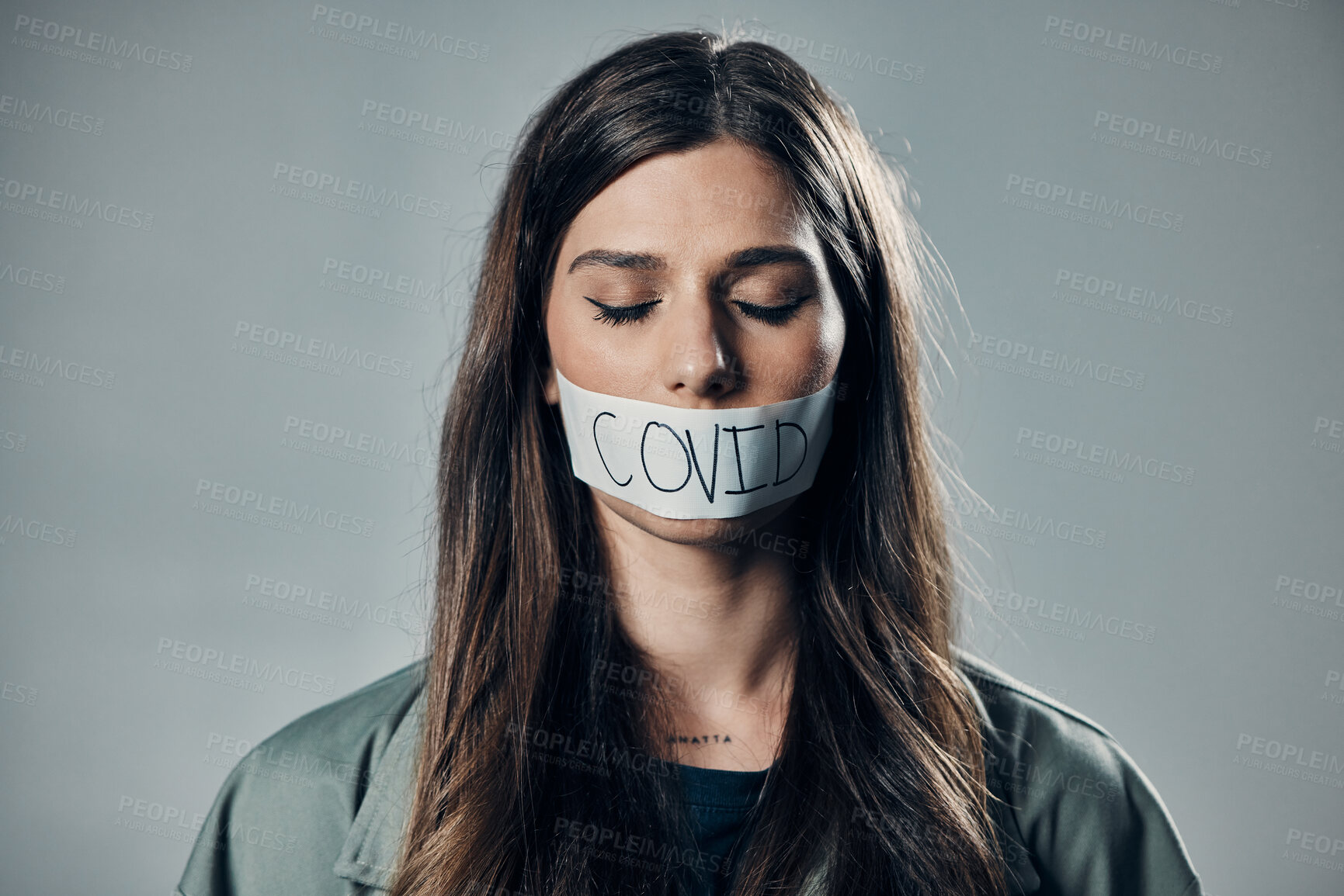 Buy stock photo Woman, tape and mouth with silence for protest, social activism and fight against covid 19 by background. Human rights, gen z girl and studio with healthcare opinion for  freedom, choice and vision