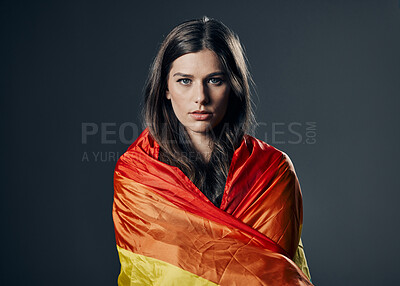 Buy stock photo Flag, pride and woman in portrait, lgbtq and freedom to love, inclusion and equality, protest for human rights. Gay, trans and lesbian, politics and identity with lgbt community on studio background