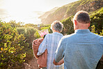 Picnic, romance and senior couple walking in nature with blanket and flowers for love and valentines day. Mountain path, old man and woman holding hands on walk for romantic valentine date from back.