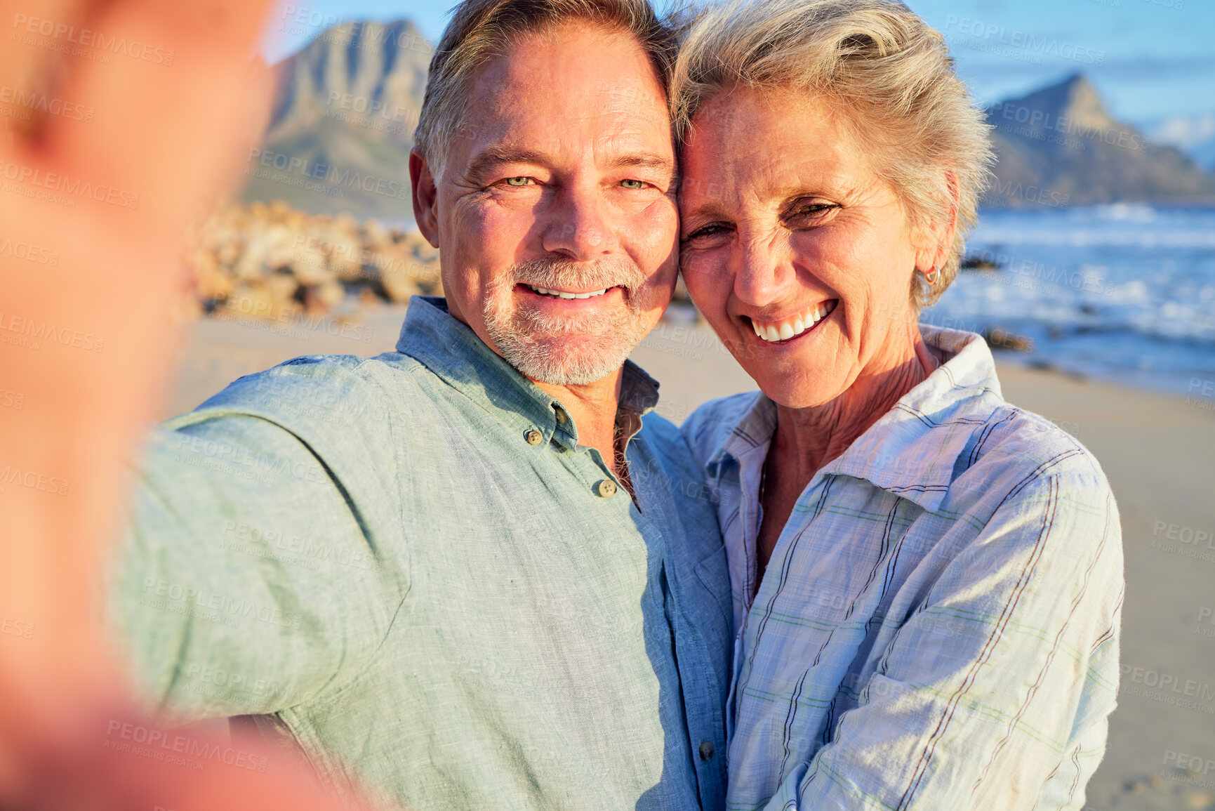 Buy stock photo Selfie, beach and senior couple with summer, holiday or vacation together for social media update. Happy retirement, elderly people or woman love and hug for portrait profile picture at ocean or sea