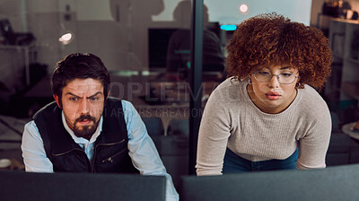 Buy stock photo Serious, teamwork and digital with people at computer for programming, coding and software. Developer, technology and database with man and black woman for cloud computing, code and cyber security