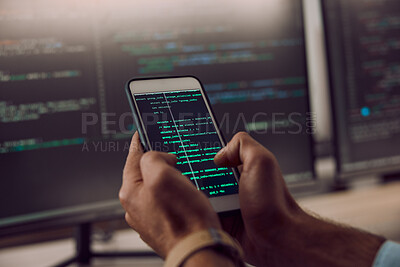 Buy stock photo Coding, smartphone in hands and man, programmer and computer software update, information technology and code. Cybersecurity, ux and network with wifi, web design and cyber space with cpu programming