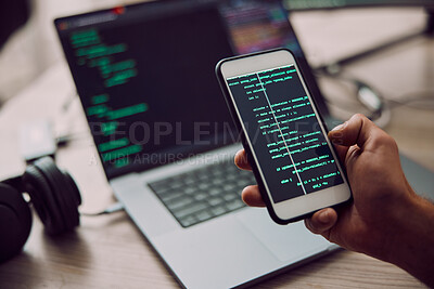 Buy stock photo Coding, laptop and phone in hand with man, programmer and software update, information technology and code. Cybersecurity, ux and network with wifi, web design and cyber space with cpu programming