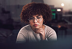 Night, computer and black woman programmer, software development and cybersecurity analysis. Focus, thinking and person working, network monitor and information technology programming at USA company