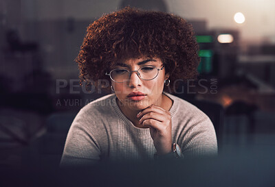 Buy stock photo Night, computer and black woman programmer, software development and cybersecurity analysis. Focus, thinking and person working, network monitor and information technology programming at USA company