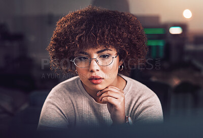 Buy stock photo Black woman, face and night business in dark office with glasses for reading or data analysis. Software engineer, IT technician or developer thinking at computer for research on programming or coding