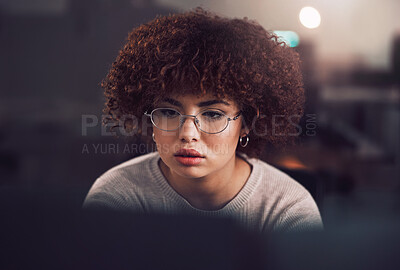 Buy stock photo Night, computer and focus of black woman programmer, software developer or cybersecurity internship. Reading, analysis and USA person working with network monitor, information technology and research