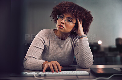 Buy stock photo Thinking, confused and night with a black woman programmer working late in her office for cybersecurity. Idea, doubt and overtime with a female developer at work for research or data analysis