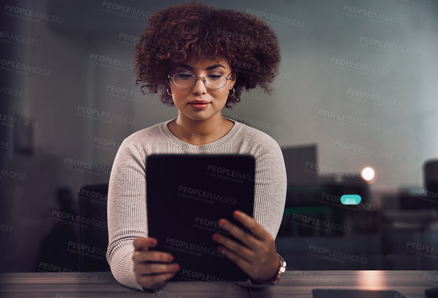 Buy stock photo Tablet, programmer and woman in night office, research or programming online in workplace. Information technology, developer and female coder with glasses working on software project on touchscreen.