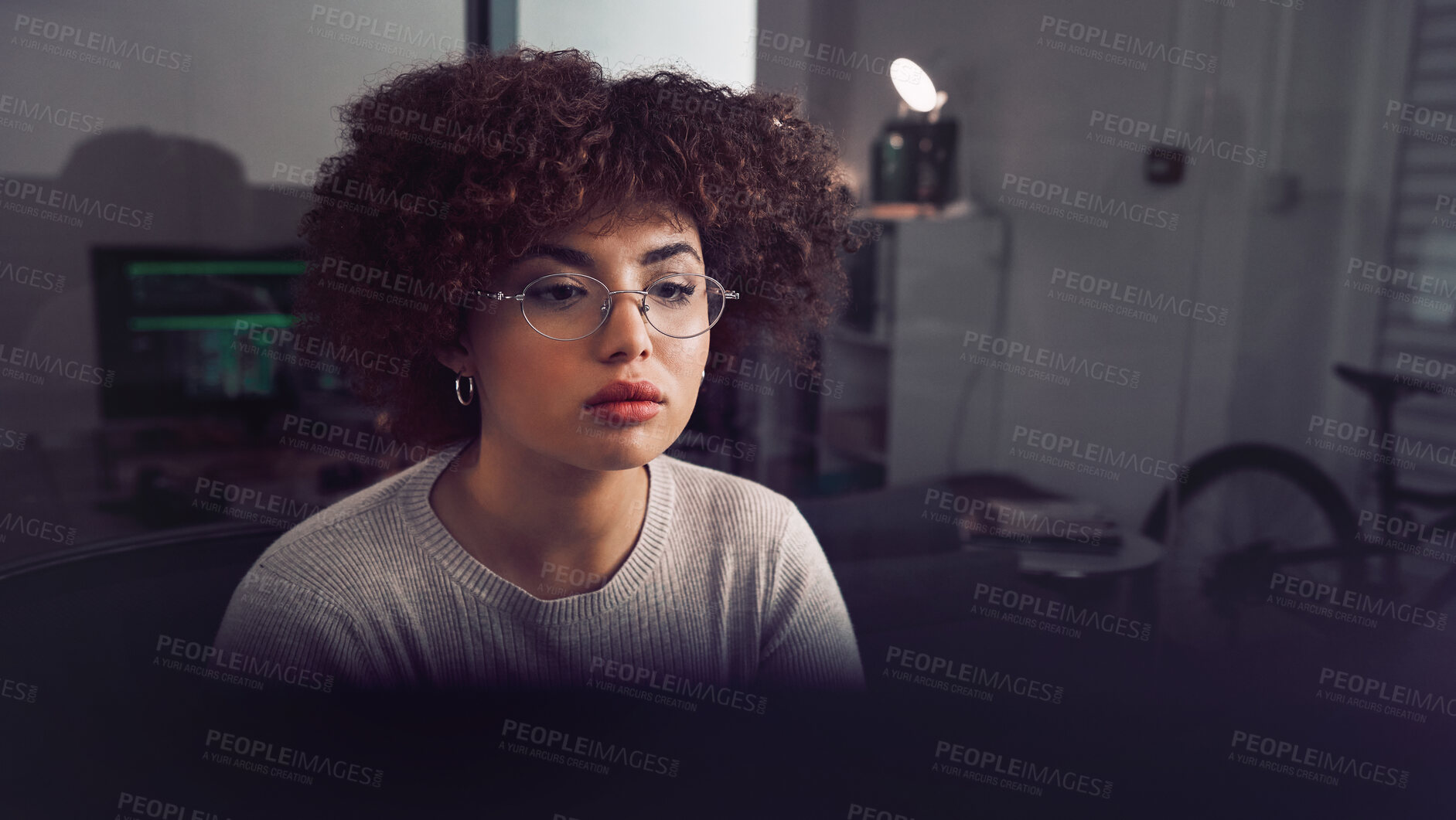 Buy stock photo Web design, coding and woman reading on a computer for website software, it and planning. Designer, database and worker with a pc for programming, code analytics and information technology from home