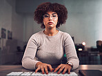 Portrait, programmer keyboard and woman typing, research or programming online at night. Information technology, computer keypad and female employee or coder with glasses working on software project.