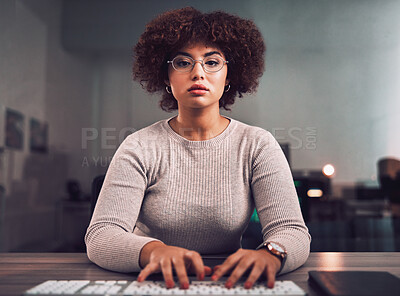 Buy stock photo Portrait, programmer keyboard and woman typing, research or programming online at night. Information technology, computer keypad and female employee or coder with glasses working on software project.