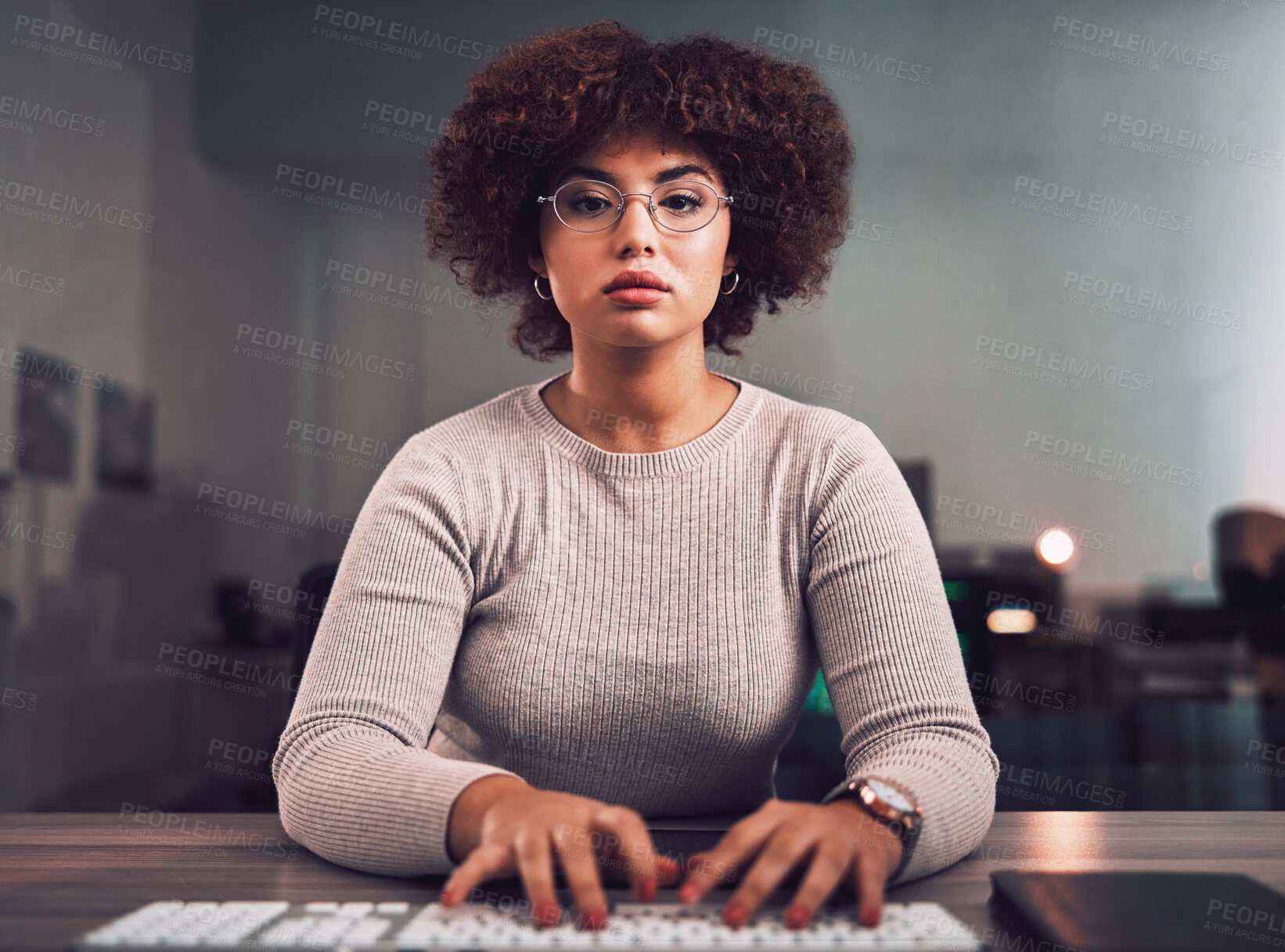 Buy stock photo Portrait, programmer keyboard and woman typing, research or programming online at night. Information technology, computer keypad and female employee or coder with glasses working on software project.