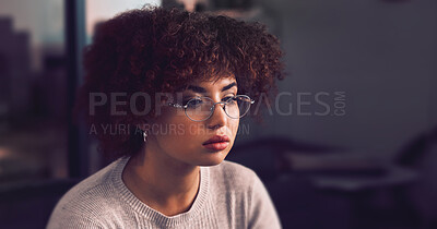 Buy stock photo Web design, face and woman reading on a computer for website software, it and planning. Designer, database and worker with a pc for programming, code analytics and information technology from home