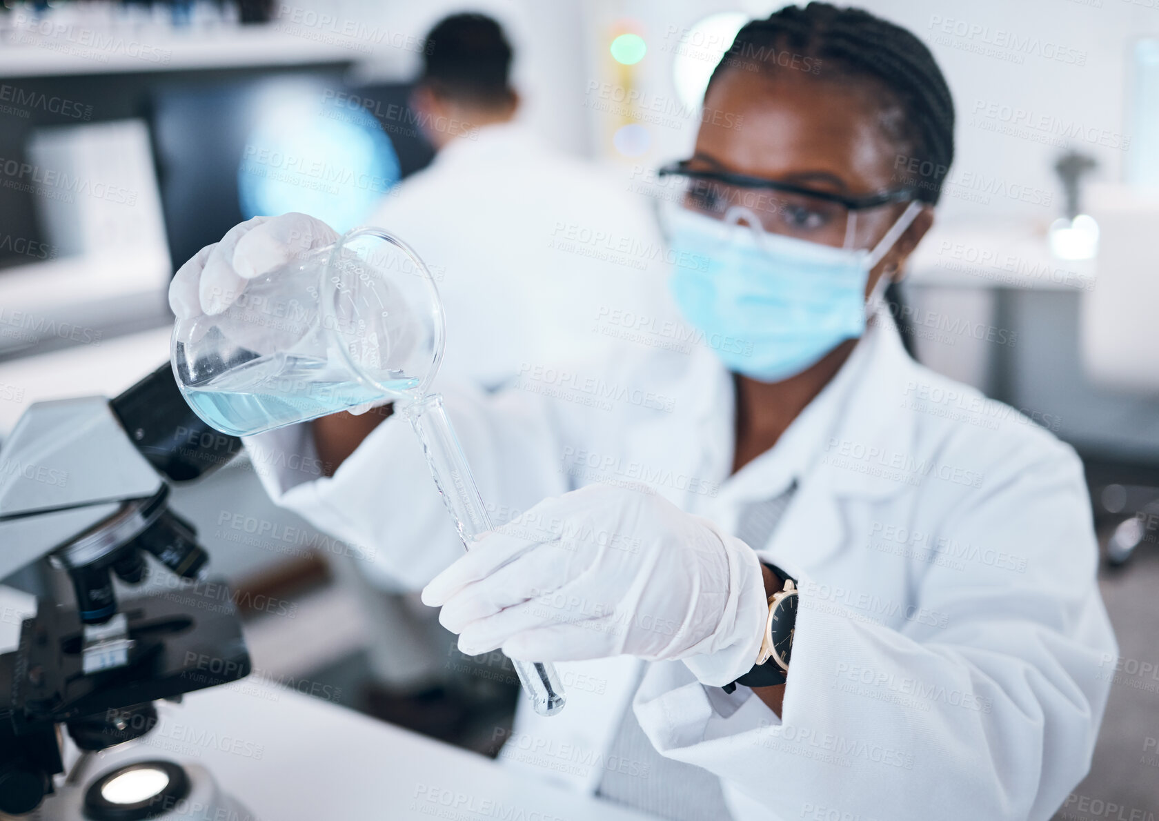 Buy stock photo Science, covid and testing with a black woman doctor working in a laboratory for research or innovation. Medical, analytics and development with a female scientist at work in a lab for chemistry