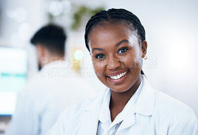 Buy stock photo Portrait, scientist and smile of black woman in laboratory ready for medical healthcare. Science, innovation and face of happy, proud and confident female doctor, researcher or expert from Nigeria.