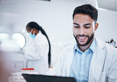 Buy stock photo Science, research and tablet with man in laboratory for medicine, pharmacy and healthcare vaccine. Medical, internet and technology with expert reading data for experiment, investigation and cure