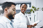 Science teamwork, research and black woman with pharmaceutical, report and medicine paperwork. Medical professional people or scientist with partner in laboratory for eco friendly drugs in healthcare