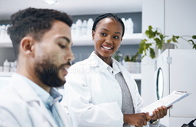 Buy stock photo Science teamwork, research and black woman with pharmaceutical, report and medicine paperwork. Medical professional people or scientist with partner in laboratory for eco friendly drugs in healthcare