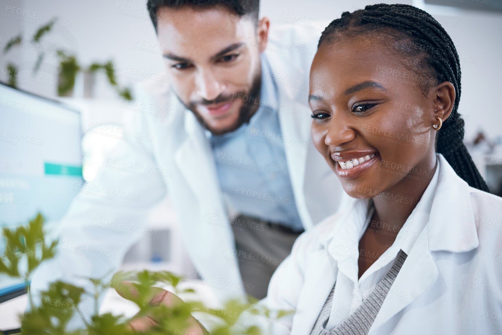 Buy stock photo Science plants, teamwork and scientist people in pharmaceutical research, sustainable or herb medicine. Medical pharmacist and happy internship partner in laboratory for eco friendly, growth solution