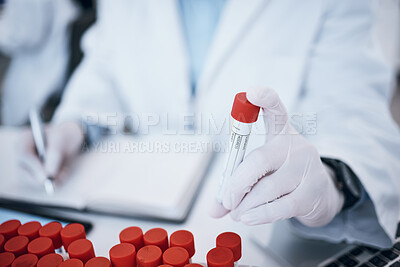 Buy stock photo Science, blood and hands with test tube in laboratory for medical research, medicine development and dna testing. Biotechnology, healthcare and scientist with vial for rna exam, study and analysis