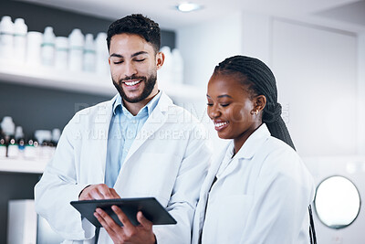 Buy stock photo Science research, tablet and scientist people with pharmaceutical report, medicine data and digital analysis. Medical professional, black woman or internship partner in laboratory for online feedback