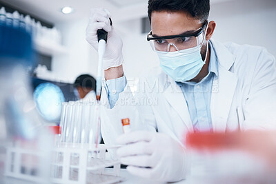 Buy stock photo Research, scientist and man with test tube, breakthrough and focus on experiment, analysis and in laboratory. Male researcher, employee and medical professional with chemistry, pipette or vial in lab