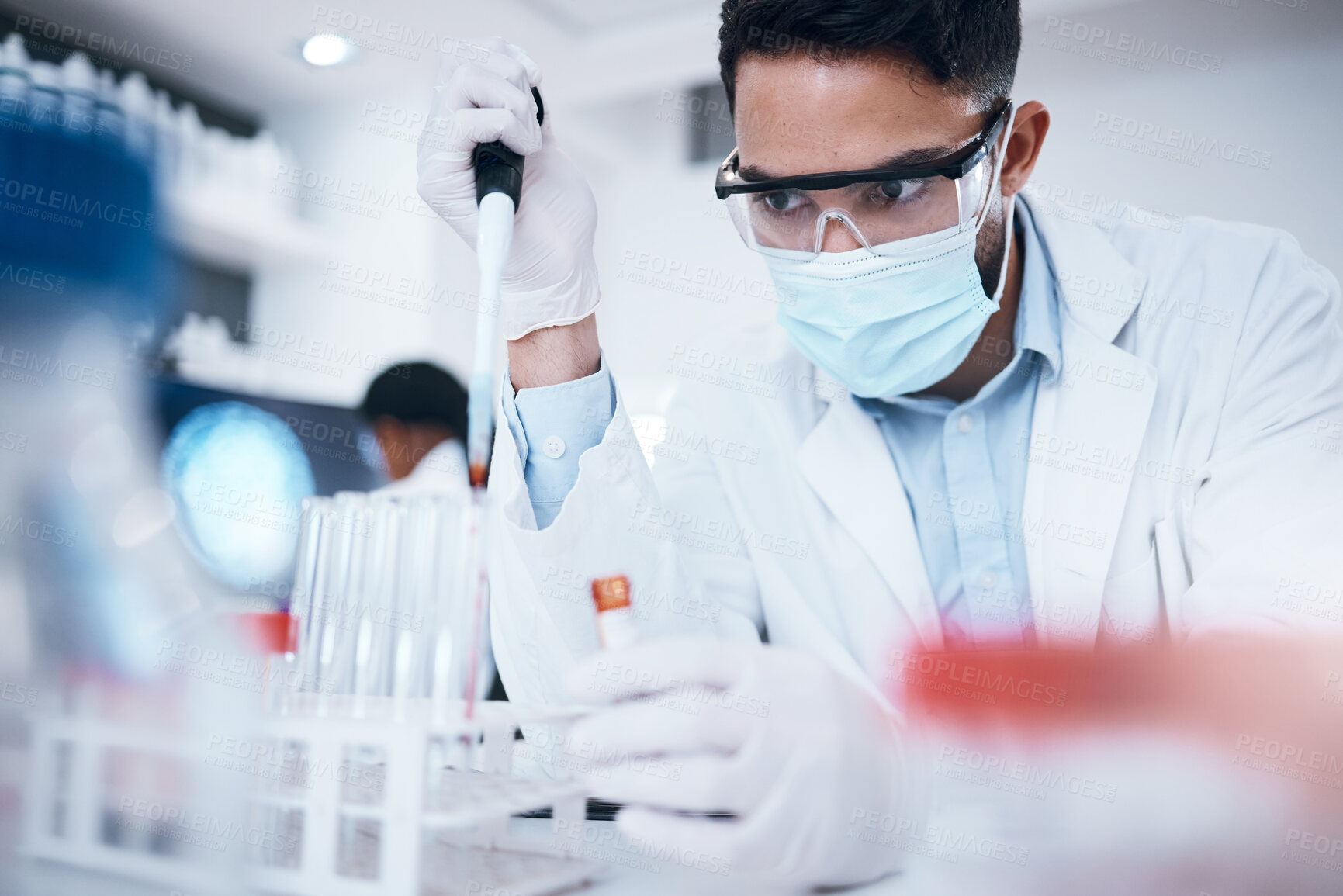 Buy stock photo Research, scientist and man with test tube, breakthrough and focus on experiment, analysis and in laboratory. Male researcher, employee and medical professional with chemistry, pipette or vial in lab