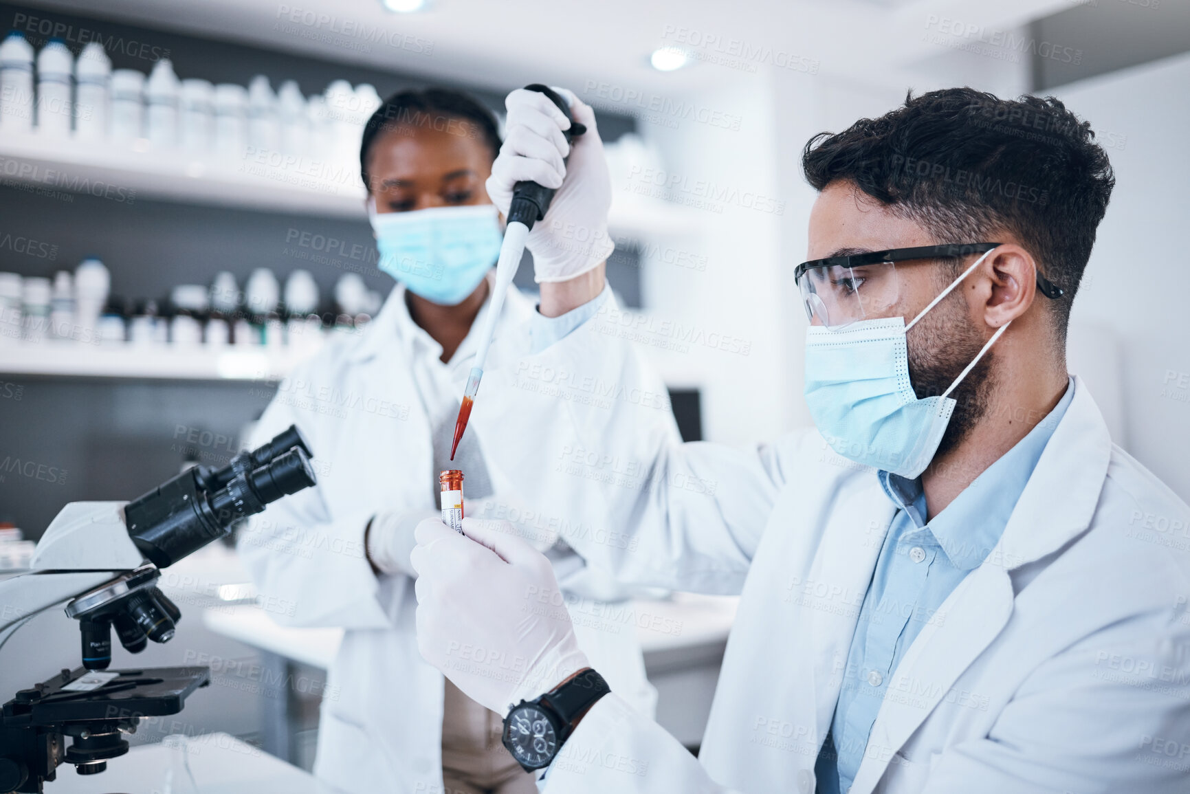 Buy stock photo Science, blood and team with vial in laboratory for scientific research, dna testing or exam. Healthcare, medicine and scientists with pipette for liquid sample, rna results and medical analytics