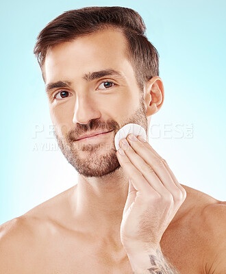 Buy stock photo Happy, skincare and cotton with portrait of man for toner, makeup remover and hydration cosmetics. Facial, wellness and spa treatment with model and cleaning face for self care, glow and dermatology