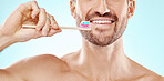 Smile, mouth or man brushing teeth with dental toothpaste for healthy oral hygiene grooming in studio. Eco friendly, self care or male model cleaning with a product or natural bamboo wood toothbrush