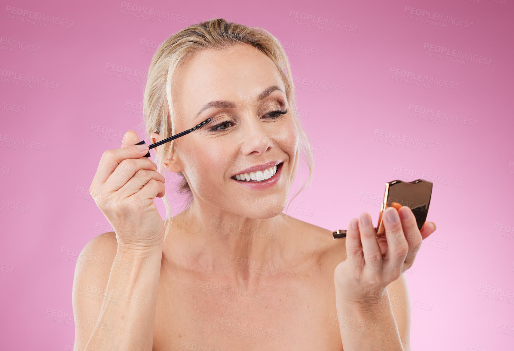 Buy stock photo Beauty, makeup and mirror with woman and mascara for product, wellness and cosmetics. Eyelash extensions, self care and glow with model and brush tool for aesthetic, health and facial in studio