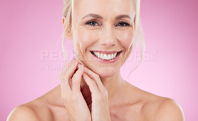 Buy stock photo Dental, teeth and portrait of woman with smile, glowing skin and natural makeup in studio. Mockup, advertising and skincare, luxury cosmetics, face of happy beauty model isolated on pink background.