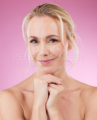 Buy stock photo Beauty, skincare and portrait of happy woman with smile, glowing skin and and natural spa makeup in studio. Mockup, advertising and luxury cosmetics, face of blonde model isolated on pink background.